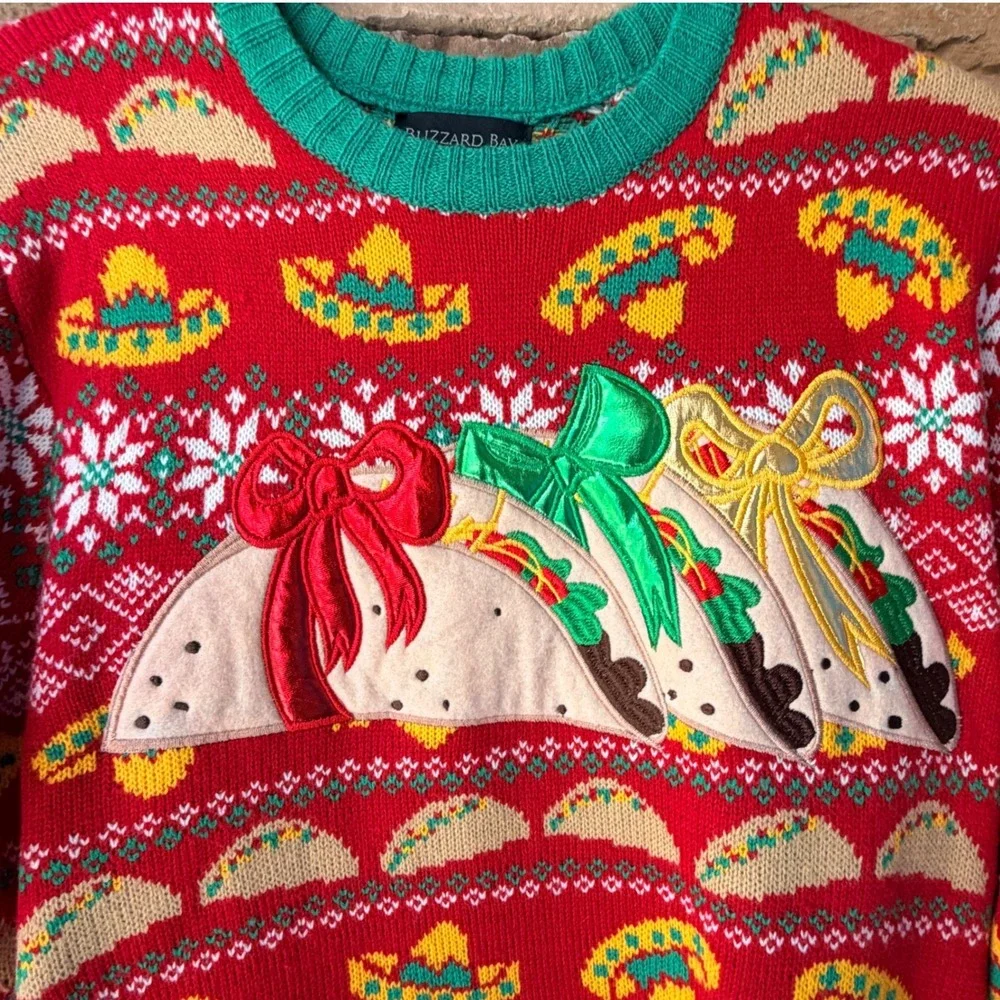 Blizzard Bay Men Small Sweater Taco Sombrero Ugly Christmas Red Green Oversized